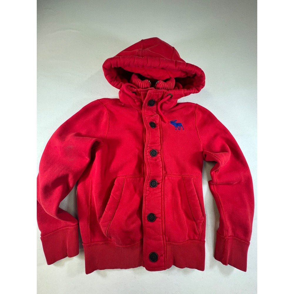 Abercrombie & Fitch Mens S Red Button Front Zip Hoodie Blue Moose Logo Fleece